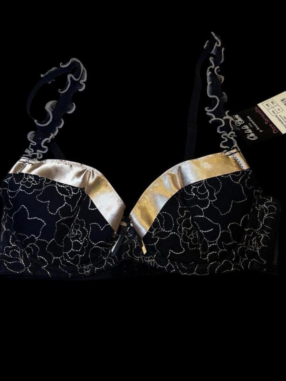 Black and Gold Floral Bra with Satin Trim